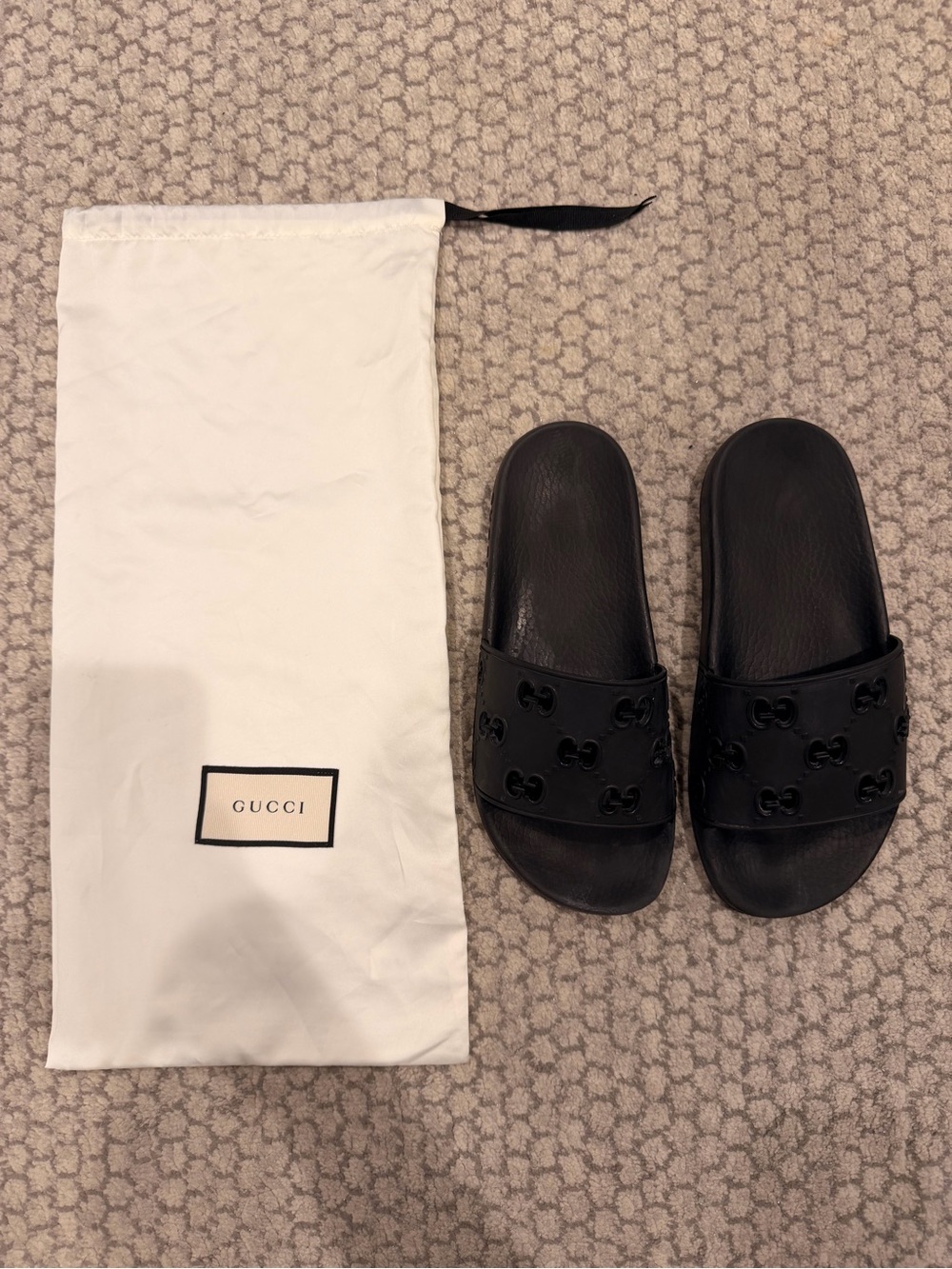 Gucci Black Embossed GG Leather Slide Sandals and comes with bag